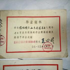 北大教授张维璞 张维玉 照片 兄弟小学 初中 师范 毕业证书 5张 教育前辈王荫庭之印等 见图
